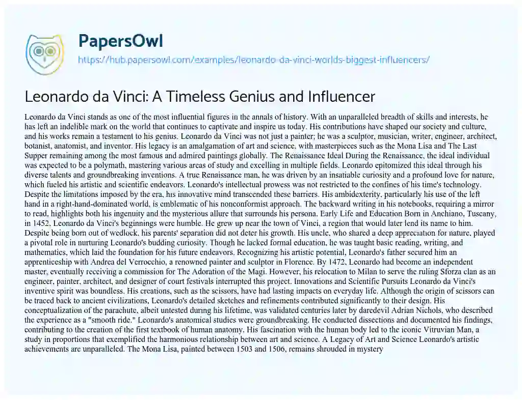 Essay on Leonardo da Vinci: A Timeless Genius and Influencer
