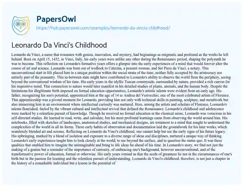 Essay on Leonardo Da Vinci’s Childhood