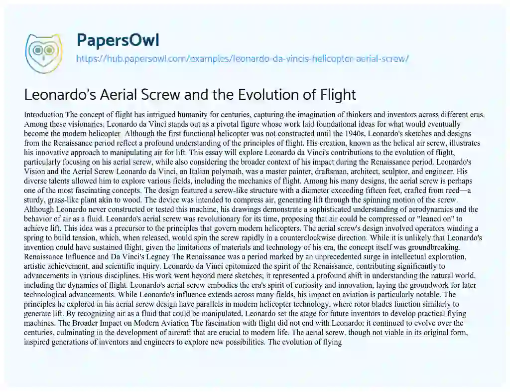 Essay on Leonardo’s Aerial Screw and the Evolution of Flight
