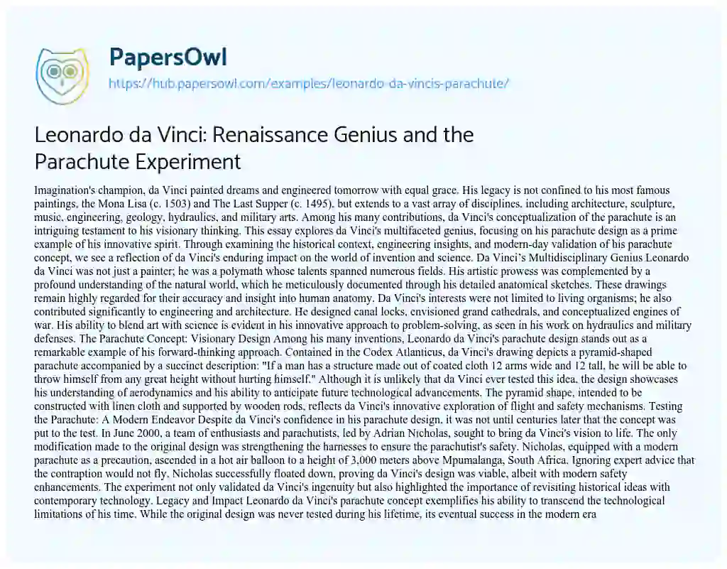 Essay on Leonardo da Vinci: Renaissance Genius and the Parachute Experiment