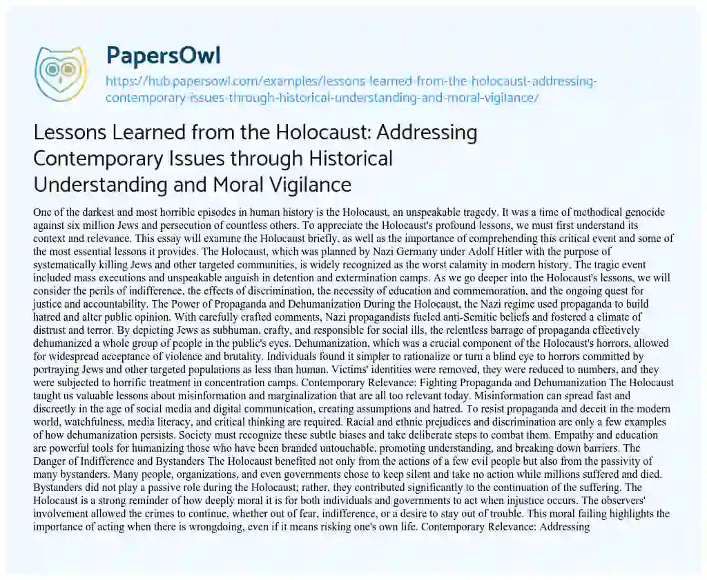 Essay on Lessons Learned from the Holocaust: Addressing Contemporary Issues through Historical Understanding and Moral Vigilance