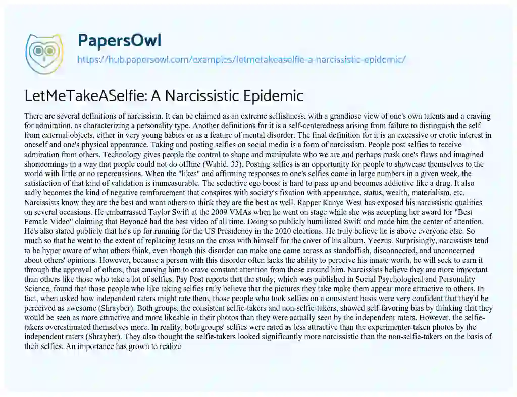 Essay on LetMeTakeASelfie: A Narcissistic Epidemic