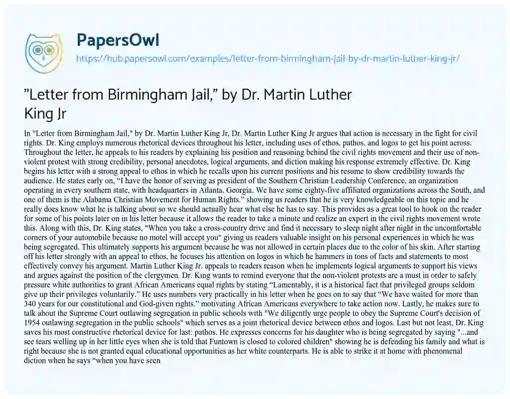 Essay on “Letter from Birmingham Jail,” by Dr. Martin Luther King Jr