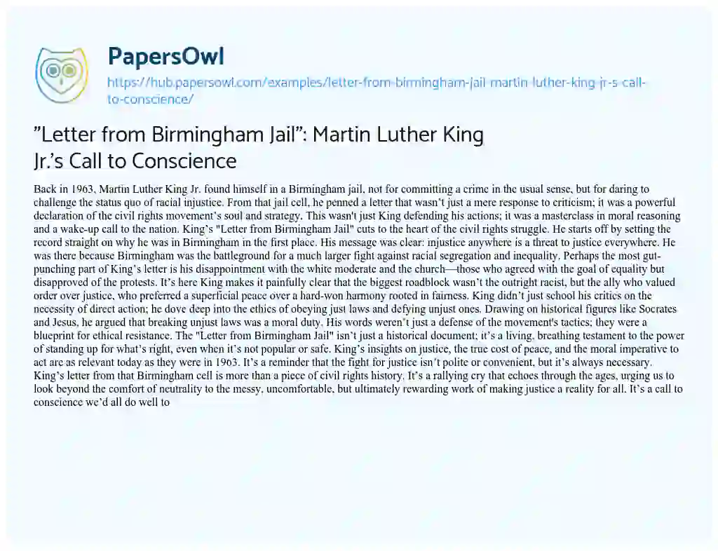 Essay on “Letter from Birmingham Jail”: Martin Luther King Jr.’s Call to Conscience