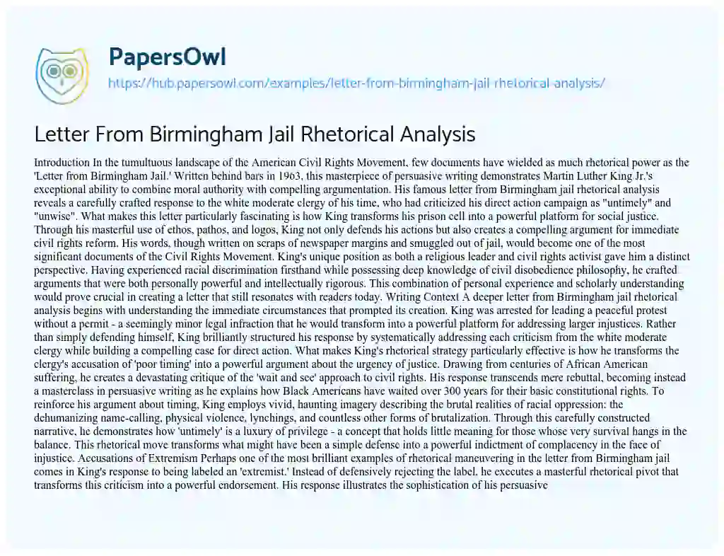 Essay on Letter From Birmingham Jail Rhetorical Analysis