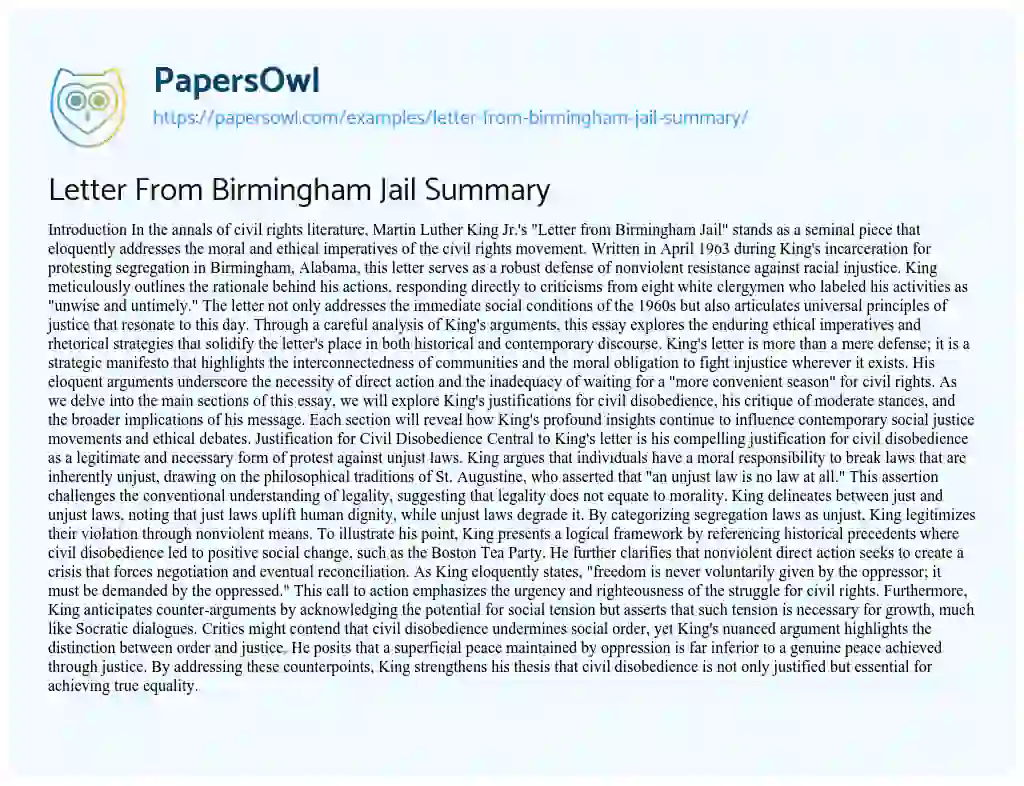 Essay on Letter From Birmingham Jail Summary
