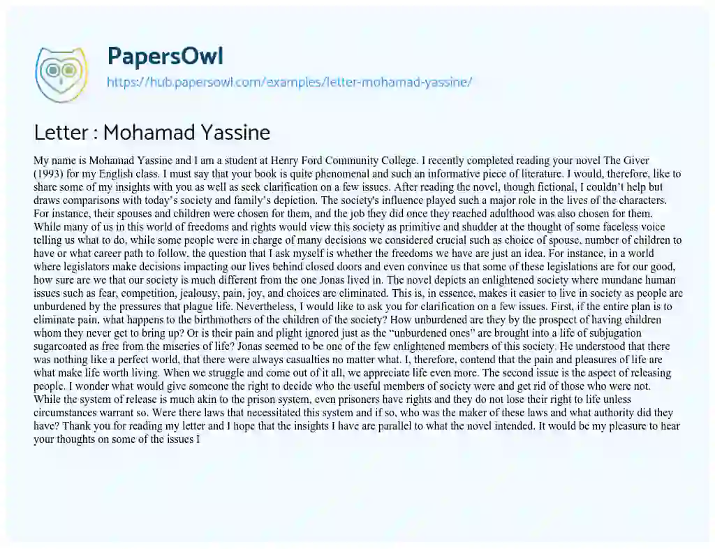 Essay on Letter : Mohamad Yassine