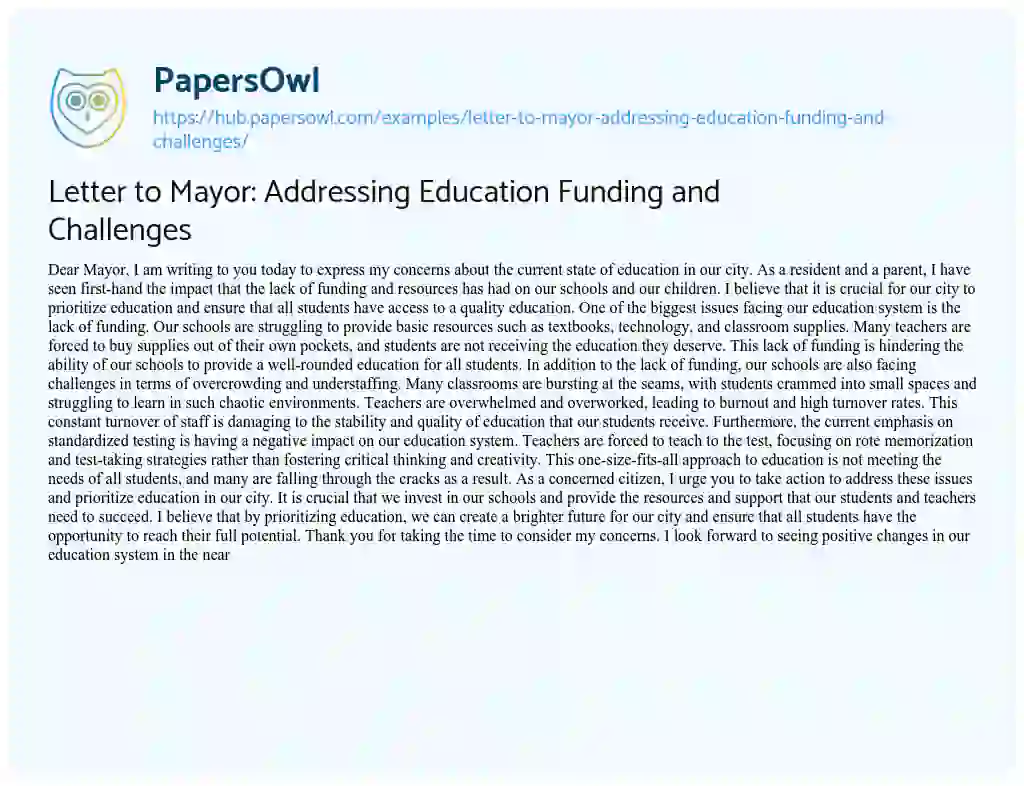 Essay on Letter to Mayor: Addressing Education Funding and Challenges