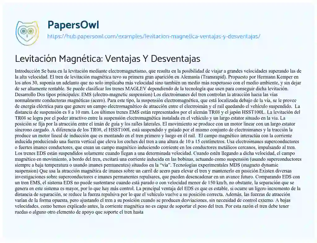 Essay on Levitación Magnética: Ventajas Y Desventajas