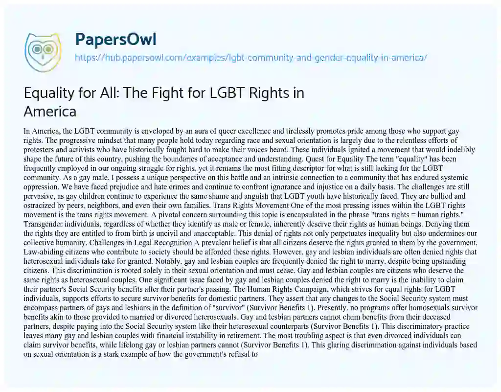 Essay on Equality for All: The Fight for LGBT Rights in America