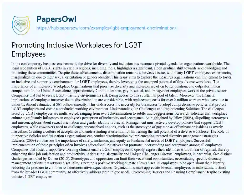 Essay on Promoting Inclusive Workplaces for LGBT Employees