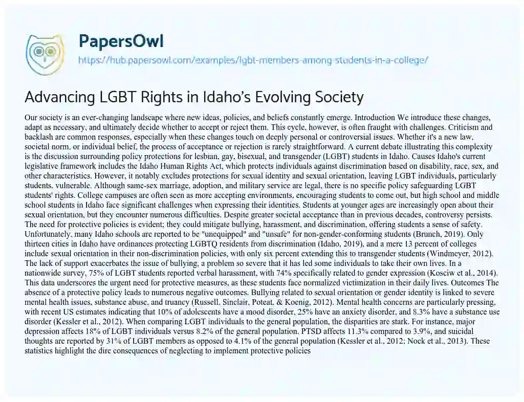 Essay on Advancing LGBT Rights in Idaho’s Evolving Society