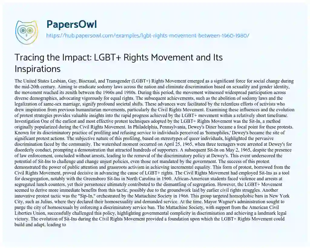 Essay on Tracing the Impact: LGBT+ Rights Movement and Its Inspirations