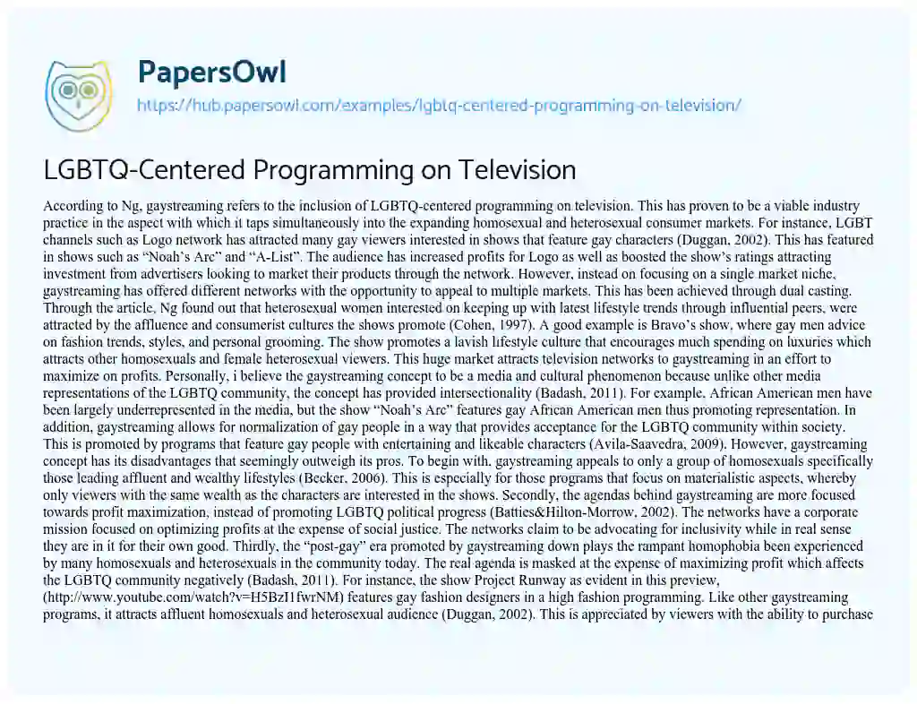 Essay on LGBTQ-Centered Programming on Television