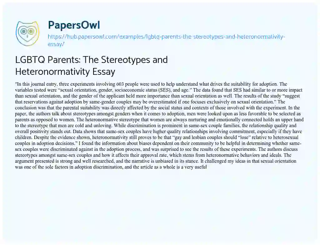 Essay on LGBTQ Parents: The Stereotypes and Heteronormativity Essay