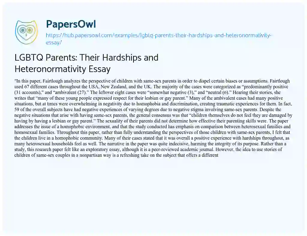 Essay on LGBTQ Parents: Their Hardships and Heteronormativity Essay