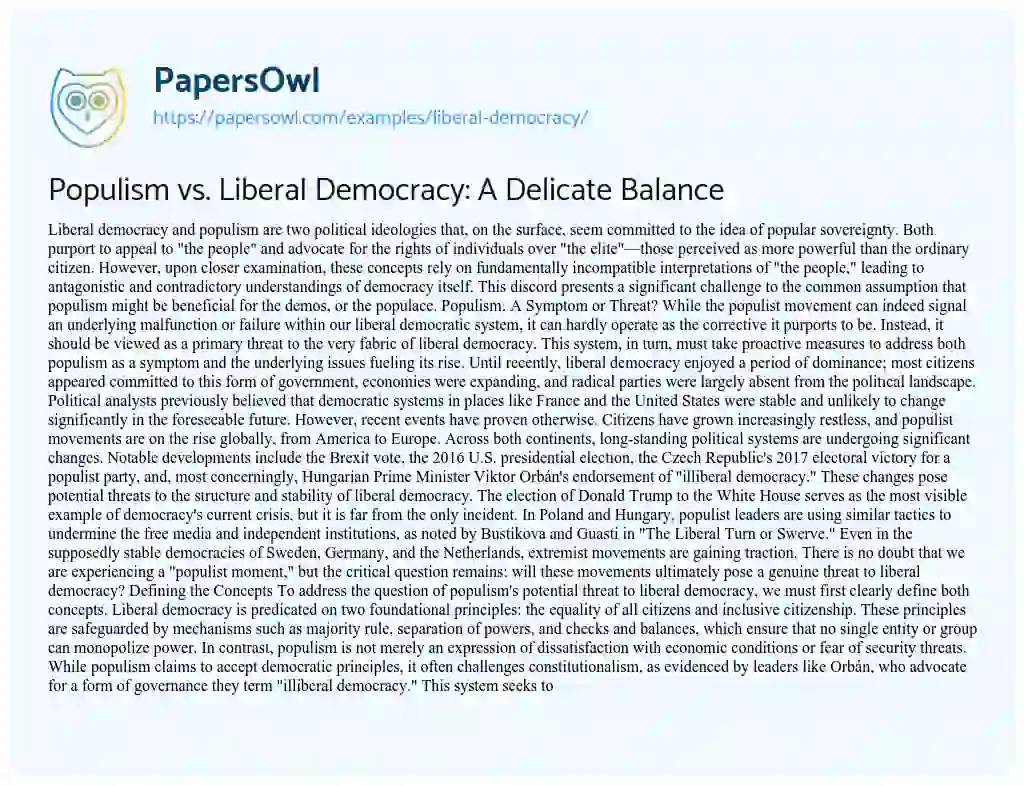 Essay on Populism vs. Liberal Democracy: A Delicate Balance