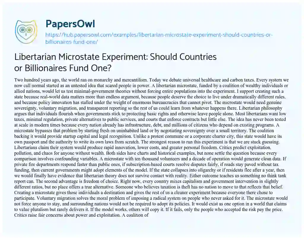 Essay on Libertarian Microstate Experiment: Should Countries or Billionaires Fund One?