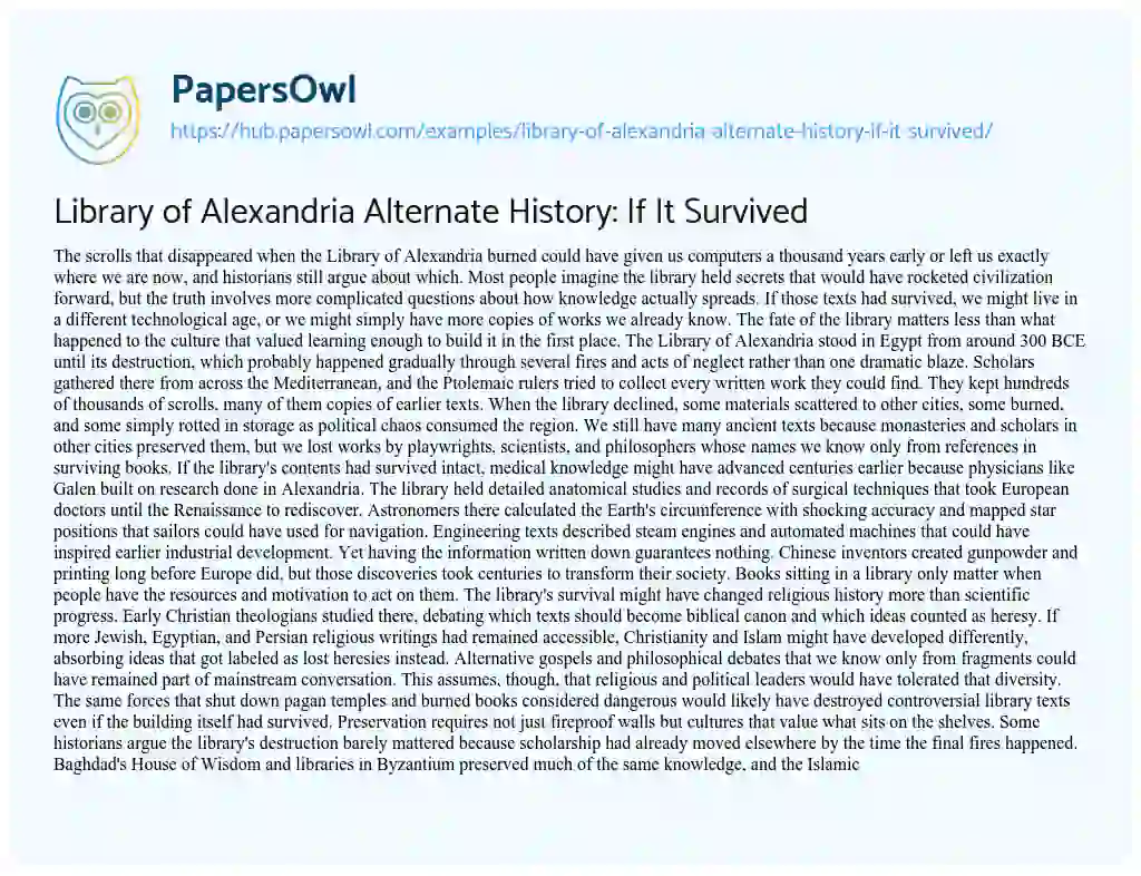 Essay on Library of Alexandria Alternate History: If It Survived