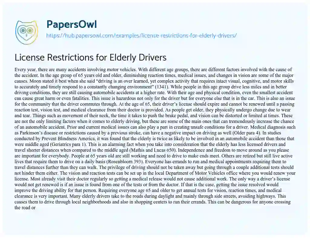 Essay on License Restrictions for Elderly Drivers