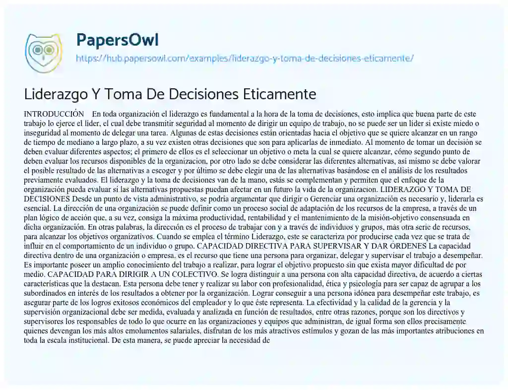 Essay on Liderazgo Y Toma De Decisiones Eticamente
