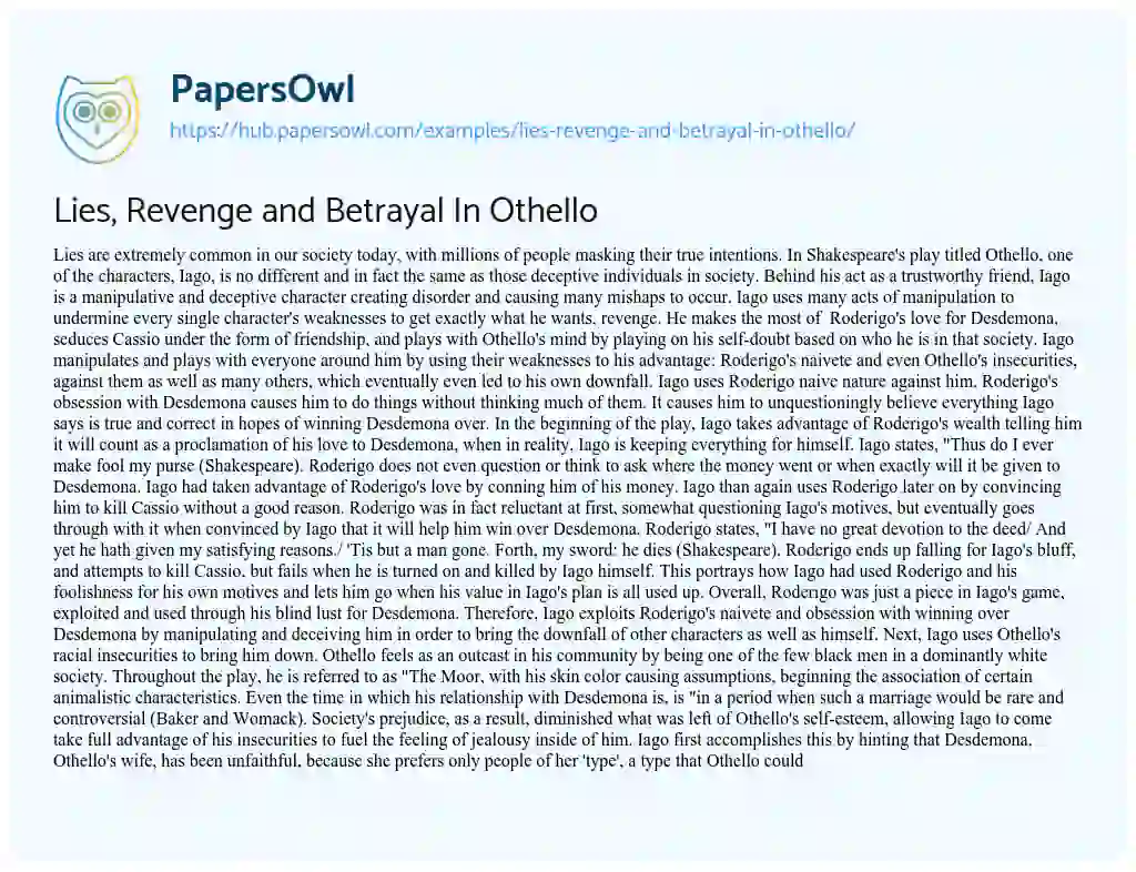 Essay on Lies, Revenge and Betrayal In Othello