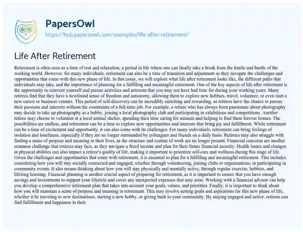 Essay on Life After Retirement