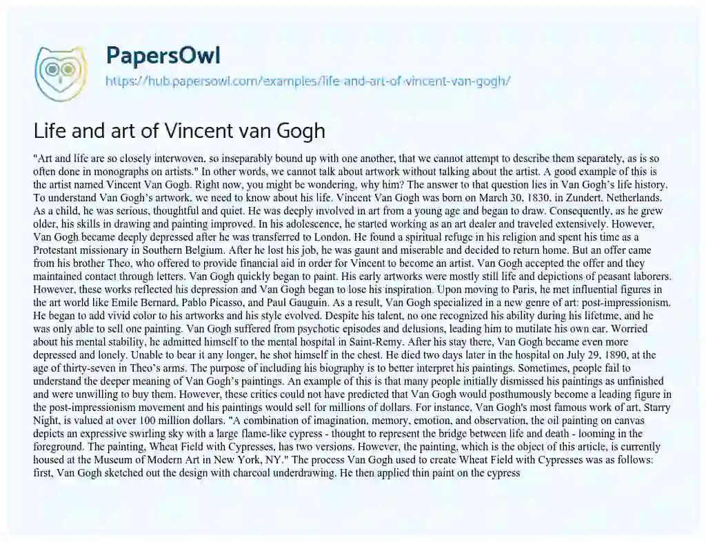 Essay on Life and art of Vincent van Gogh
