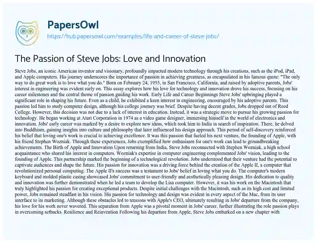 Essay on The Passion of Steve Jobs: Love and Innovation