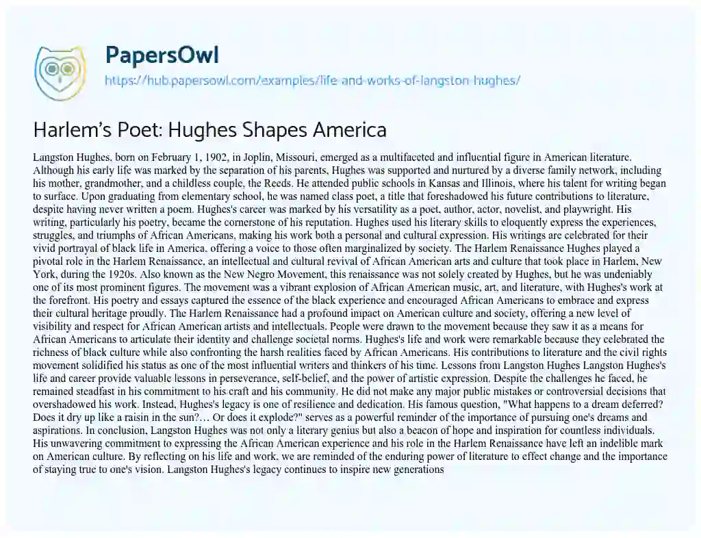 Essay on Harlem’s Poet: Hughes Shapes America