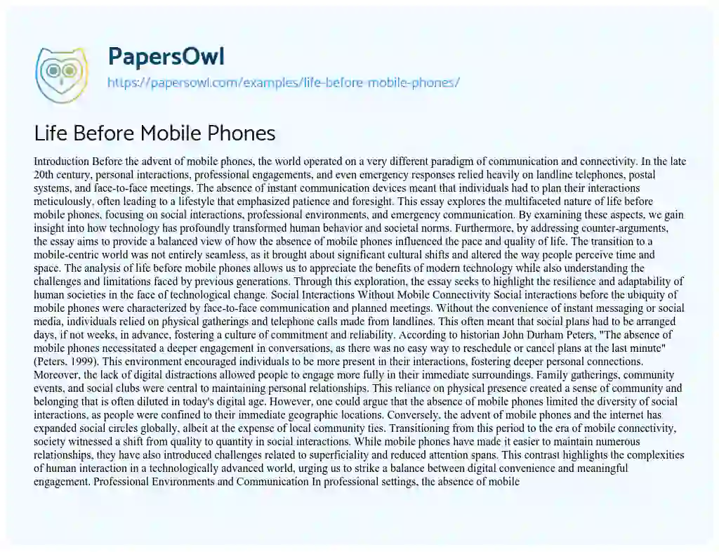 Essay on Life Before Mobile Phones