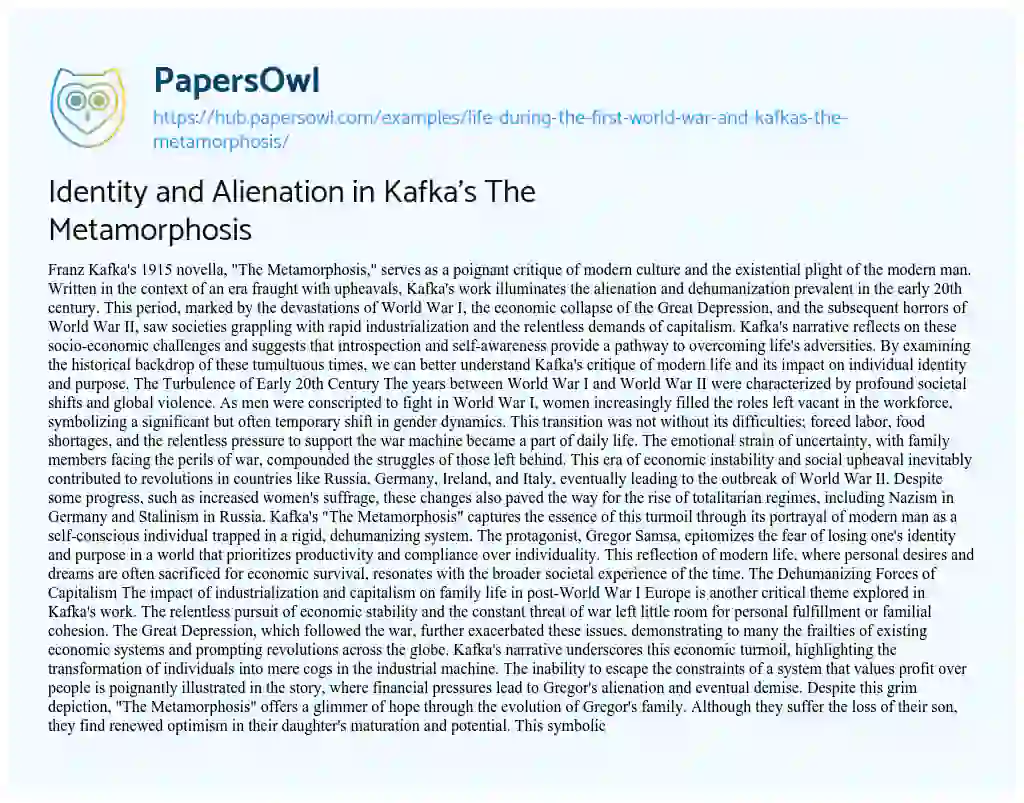 Essay on Identity and Alienation in Kafka’s The Metamorphosis