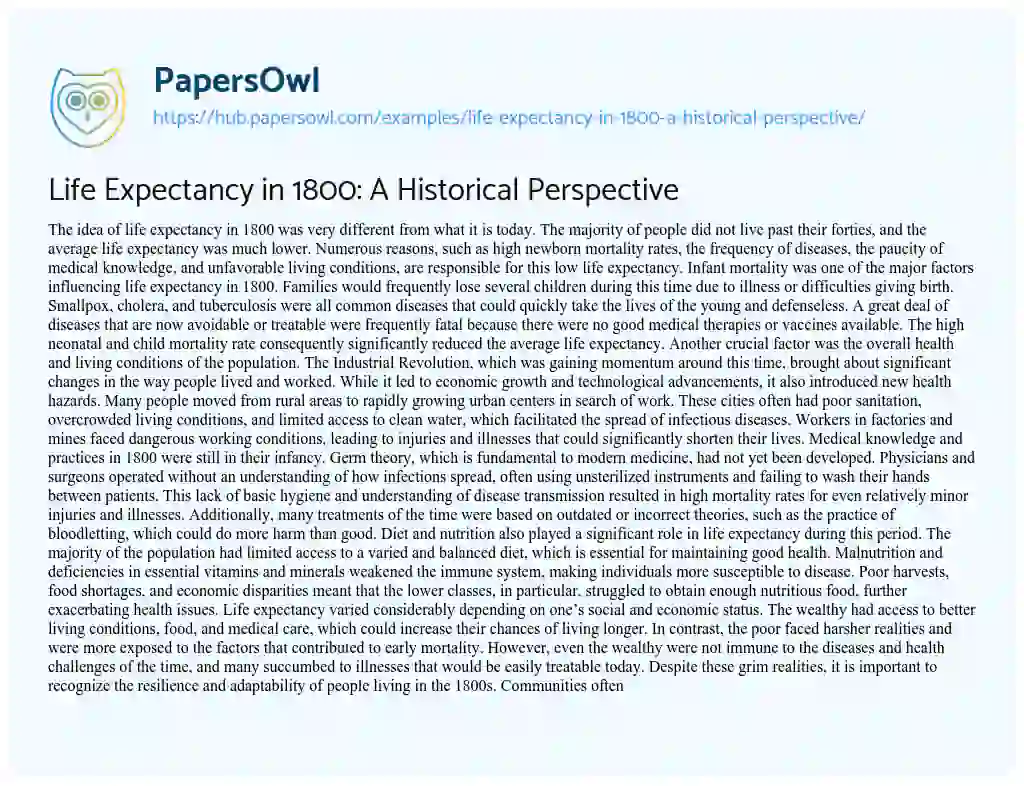 Essay on Life Expectancy in 1800: A Historical Perspective