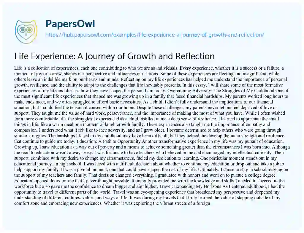 Essay on Life Experience: A Journey of Growth and Reflection