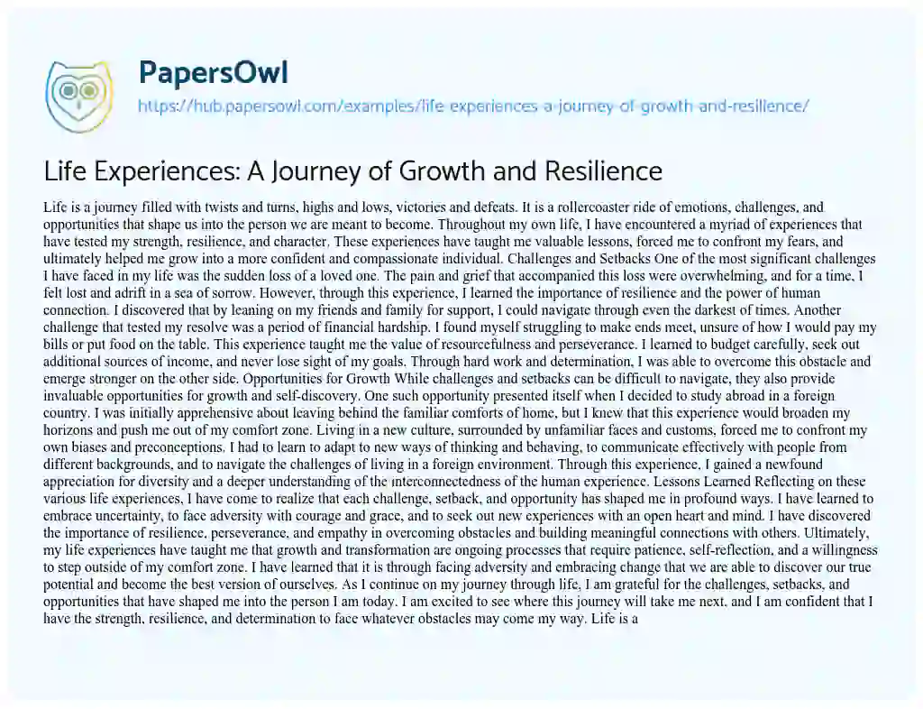 Essay on Life Experiences: A Journey of Growth and Resilience