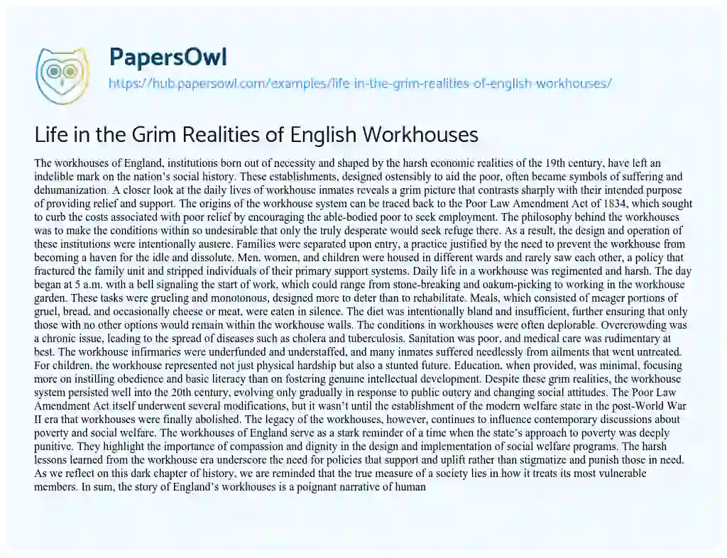 Essay on Life in the Grim Realities of English Workhouses