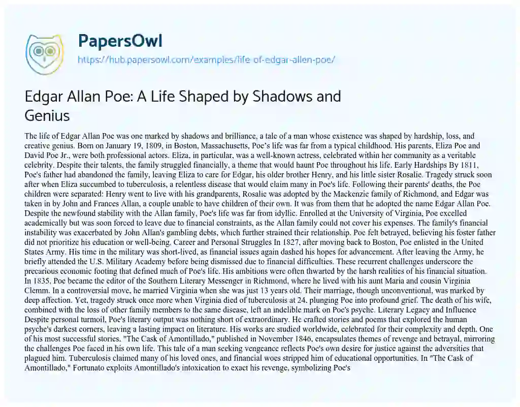 Essay on Edgar Allan Poe: A Life Shaped by Shadows and Genius