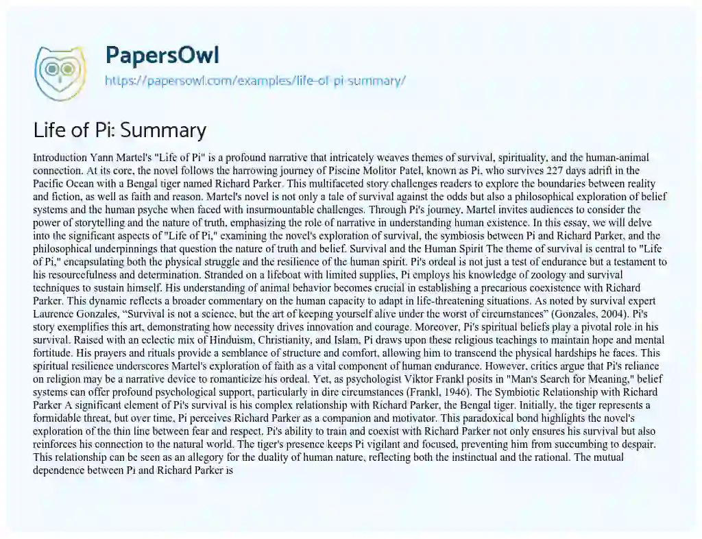 Essay on Life of Pi: Summary