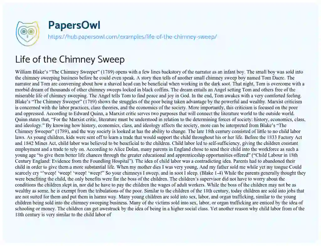Essay on Life of the Chimney Sweep