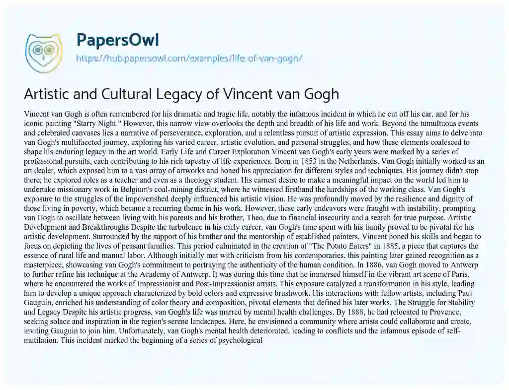 Essay on Artistic and Cultural Legacy of Vincent van Gogh