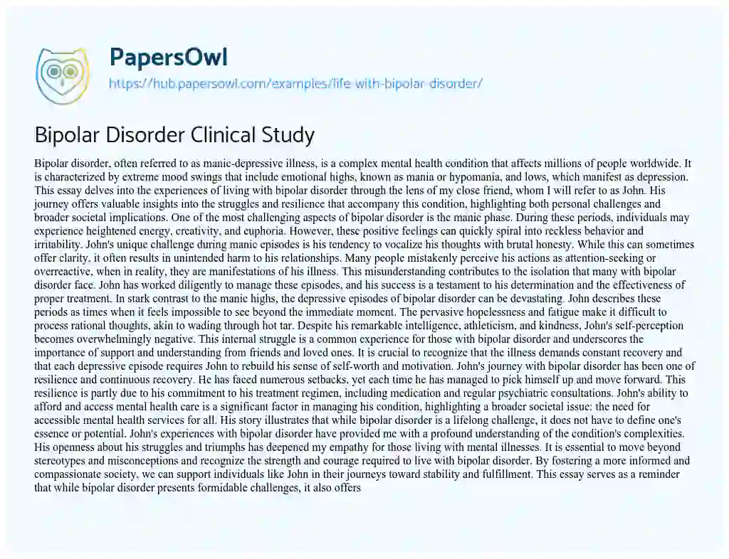Essay on Bipolar Disorder Clinical Study