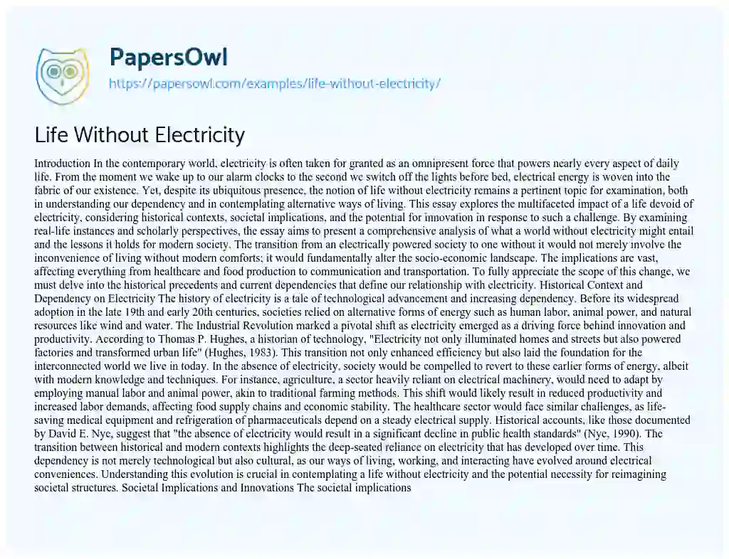 Essay on Life Without Electricity