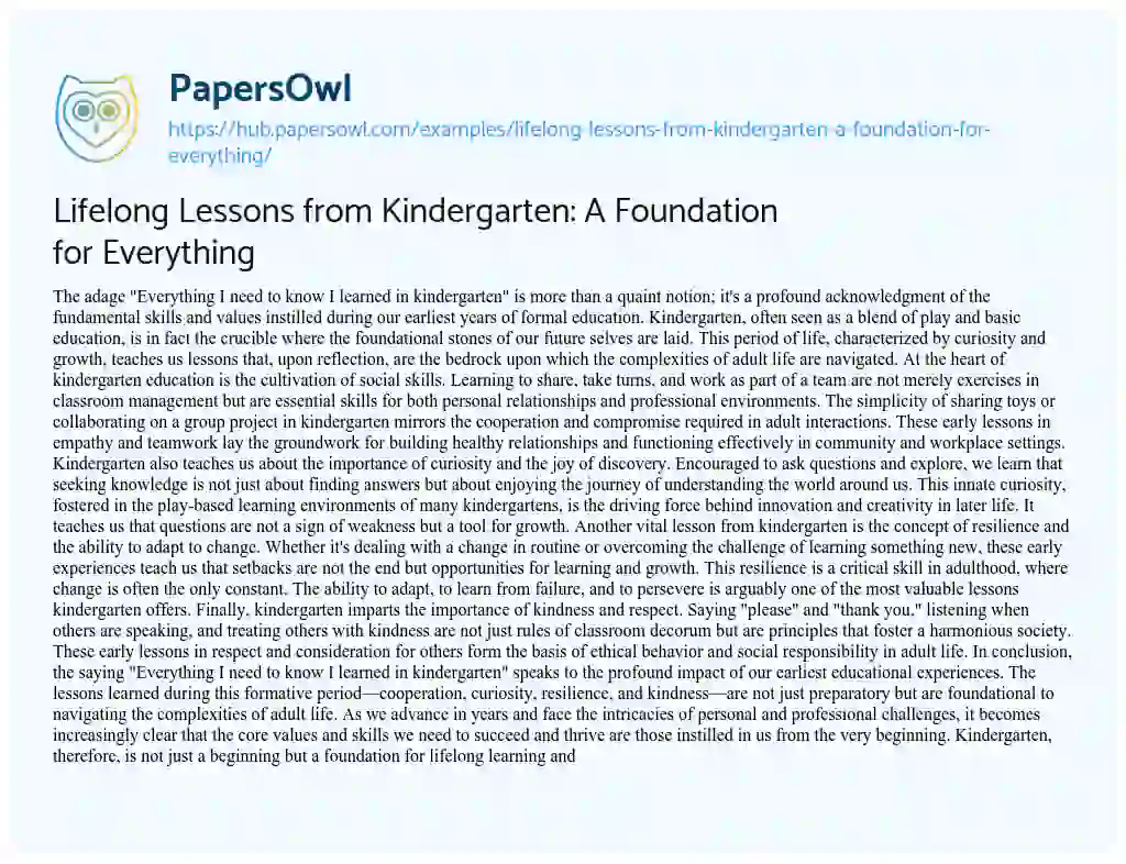 Essay on Lifelong Lessons from Kindergarten: A Foundation for Everything