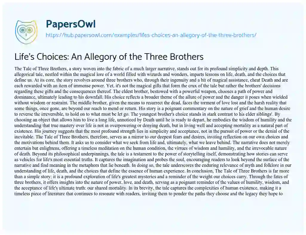 Essay on Life’s Choices: An Allegory of the Three Brothers