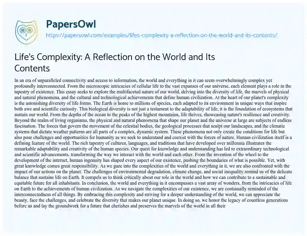 Essay on Life’s Complexity: A Reflection on the World and Its Contents