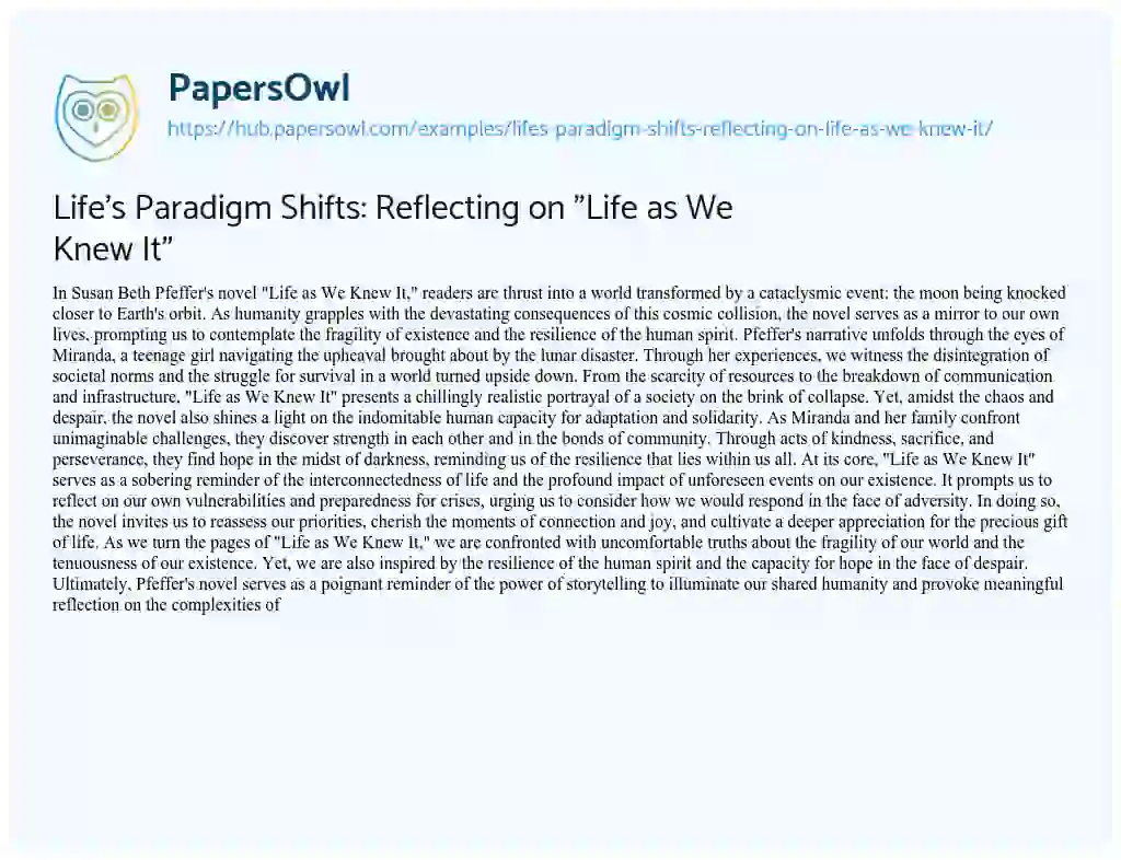 Essay on Life’s Paradigm Shifts: Reflecting on “Life as We Knew It”