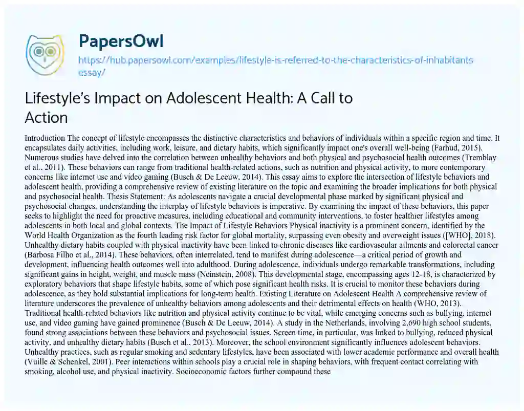 Essay on Lifestyle’s Impact on Adolescent Health: A Call to Action