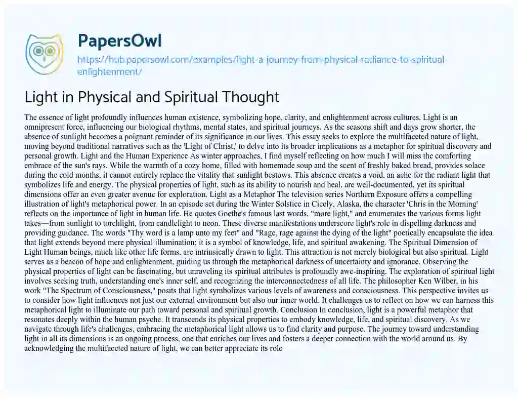 Essay on Light in Physical and Spiritual Thought