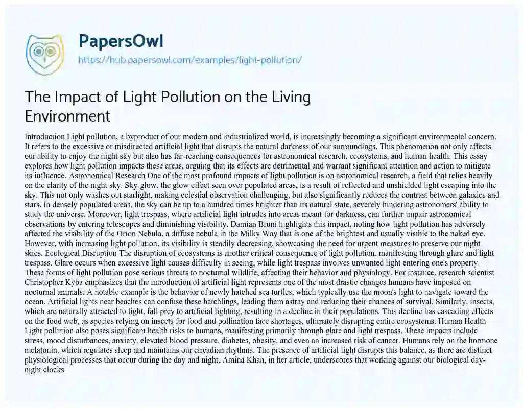 Essay on The Impact of Light Pollution on the Living Environment