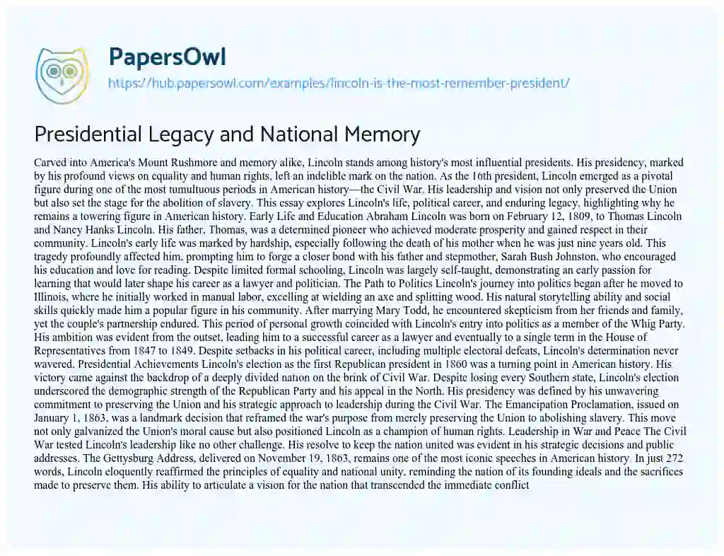 Essay on Presidential Legacy and National Memory